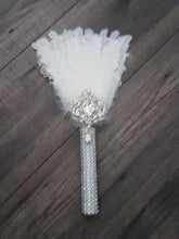 Load image into Gallery viewer, Bridesmaid Feather Fan bouquet, flower girl wand, Great Gatsby 1920's wedding - ANY COLOUR by Crystal wedding uk