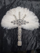 Load image into Gallery viewer, White Feather Fan ,wedding hand fan bouquet bridal Ostrich feather bouquet, Gatsby by Crystal wedding uk