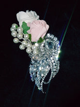 Load image into Gallery viewer, Crystal brooch buttonhole with Pearls & Foam roses by Crystal wedding uk