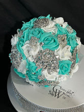 Load image into Gallery viewer, Brooch Bouquet,Robins egg blue, duck egg blue teel rose bouquet. by Crystal wedding uk