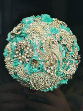Load image into Gallery viewer, Brooch Bouquet,Robins egg blue, duck egg blue teel rose bouquet. by Crystal wedding uk