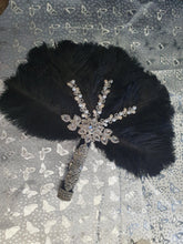 Load image into Gallery viewer, Black Feather Fan wedding bouquet, Ostrich feather crystal hand fan bouquet by Crystal wedding uk