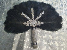 Load image into Gallery viewer, Black Feather Fan wedding bouquet, Ostrich feather crystal hand fan bouquet by Crystal wedding uk