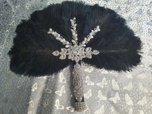 Load image into Gallery viewer, Black Feather Fan wedding bouquet, Ostrich feather crystal hand fan bouquet by Crystal wedding uk