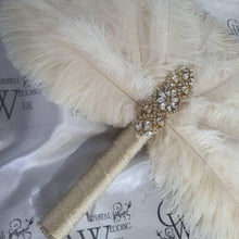 Load image into Gallery viewer, Brides lvory Feather 14in Fan, personalised brooch bouquet, Alternative Bouquet artificial by Crystal wedding uk