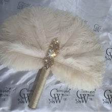Load image into Gallery viewer, Brides lvory Feather 14in Fan, personalised brooch bouquet, Alternative Bouquet artificial by Crystal wedding uk