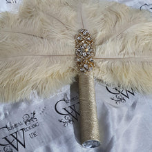Load image into Gallery viewer, Brides lvory Feather 14in Fan, personalised brooch bouquet, Alternative Bouquet artificial by Crystal wedding uk