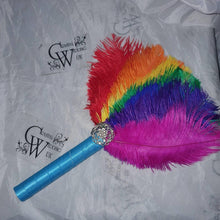 Load image into Gallery viewer, Bridesmaids Feather 10" Fan, Rainbow, multi brooch bouquet, Alternative Bouquet artificial by Crystal wedding uk
