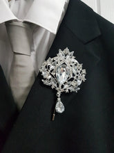 Load image into Gallery viewer, Groom Boutonniere, buttonhole. Ladies dress corsage, Silver brooch rhinestone drop, Wedding Buttonhole Pin. by Crystal wedding uk