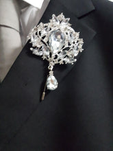 Load image into Gallery viewer, Groom Boutonniere, buttonhole. Ladies dress corsage, Silver brooch rhinestone drop, Wedding Buttonhole Pin. by Crystal wedding uk