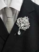 Load image into Gallery viewer, Groom Boutonniere, buttonhole. Ladies dress corsage, Silver brooch rhinestone drop, Wedding Buttonhole Pin. by Crystal wedding uk