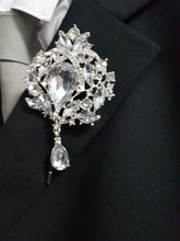 Load image into Gallery viewer, Groom Boutonniere, buttonhole. Ladies dress corsage, Silver brooch rhinestone drop, Wedding Buttonhole Pin. by Crystal wedding uk