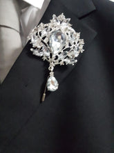 Load image into Gallery viewer, Groom Boutonniere, buttonhole. Ladies dress corsage, Silver brooch rhinestone drop, Wedding Buttonhole Pin. by Crystal wedding uk