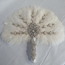 Load image into Gallery viewer, Ostrich Feather Fan bouquet with Genuine crystal detail- alternative Bouquet Great Gatsby wedding style, Artificial wedding bouquet