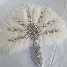 Load image into Gallery viewer, Ostrich Feather Fan bouquet with Genuine crystal detail- alternative Bouquet Great Gatsby wedding style, Artificial wedding bouquet