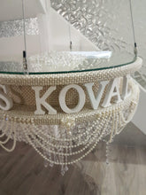 Load image into Gallery viewer, Suspended Swing cake ,Personalised, Mr & Mrs, Pearl and crystal drape stand mirror top + LED heavy duty holds 200lbs by Crystal wedding uk