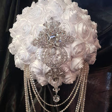 Load image into Gallery viewer, Diamante crystal Rhinestone drape bridal bouquet - Fully personalised in many colours with silver crystal brooches. by Crystal wedding uk