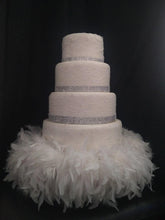 Load image into Gallery viewer, Diamante and Feather surround wedding cake stand riser - all sizes- many sizes and colours by Crystal wedding uk