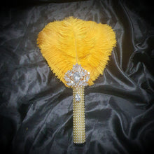 Load image into Gallery viewer, Gold Feather Fan bouquet, bridal fan, flower girl wand, Great Gatsby 1920's wedding - ANY COLOUR by Crystal wedding uk