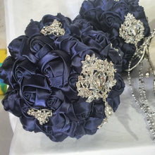 Load image into Gallery viewer, Bridesmaid Satin rose & crystal brooch bouquet by Crystal wedding uk