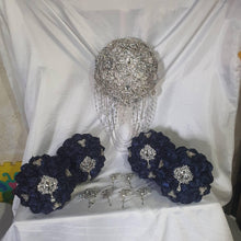 Load image into Gallery viewer, Bridesmaid Satin rose & crystal brooch bouquet by Crystal wedding uk