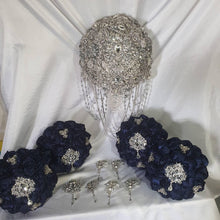 Load image into Gallery viewer, Bridesmaid Satin rose & crystal brooch bouquet by Crystal wedding uk