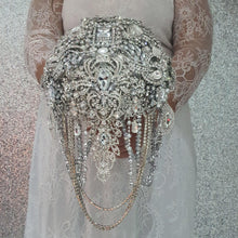 Load image into Gallery viewer, Brooch bouquet, 7" Jewel crystal wedding bouquet + grooms buttonhole Bridal Brooch Bouquet, cascade Jewel bouquet by Crystal wedding uk