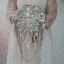 Load image into Gallery viewer, Brooch bouquet, 7" Jewel crystal wedding bouquet + grooms buttonhole Bridal Brooch Bouquet, cascade Jewel bouquet by Crystal wedding uk