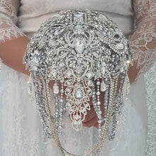 Load image into Gallery viewer, Brooch bouquet, 7" Jewel crystal wedding bouquet + grooms buttonhole Bridal Brooch Bouquet, cascade Jewel bouquet by Crystal wedding uk