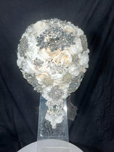 Load image into Gallery viewer, Navy brooch bouquet with artifical foam roses by Crystal wedding uk