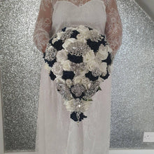 Load image into Gallery viewer, Navy brooch bouquet with artifical foam roses by Crystal wedding uk