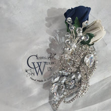 Load image into Gallery viewer, Navy brooch bouquet with artifical foam roses by Crystal wedding uk