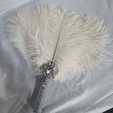Load image into Gallery viewer, vintage style feather fan, brides wedding hand fan - any colour as custom made by Crystal wedding uk