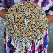 Load image into Gallery viewer, Gold Crystal cascade brooch bouquet, jewel bouquet, alternative Great Gatsby style wedding flowers. by Crystal wedding uk