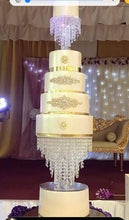 Load image into Gallery viewer, Crystal cake sepearator, diamante cake stand, chandelier wedding cake stand, faux-glass crystal plus led fairy lights by Crystal wedding uk