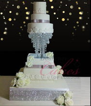 Load image into Gallery viewer, Crystal cake sepearator, diamante cake stand, chandelier wedding cake stand, faux-glass crystal plus led fairy lights by Crystal wedding uk