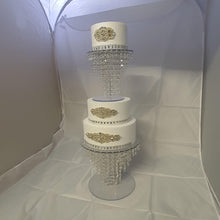 Load image into Gallery viewer, Crystal cake sepearator, diamante cake stand, chandelier wedding cake stand, faux-glass crystal plus led fairy lights by Crystal wedding uk