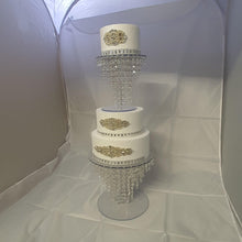 Load image into Gallery viewer, Crystal cake sepearator, diamante cake stand, chandelier wedding cake stand, faux-glass crystal plus led fairy lights by Crystal wedding uk