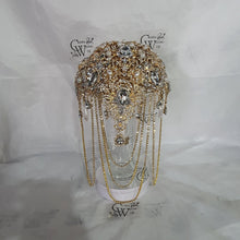 Load image into Gallery viewer, Gold Brooch bouquet, Jewel crystal wedding bouquet. Crystal Bridal Brooch Bouquet, cascade Jewel bouquet by Crystal wedding uk