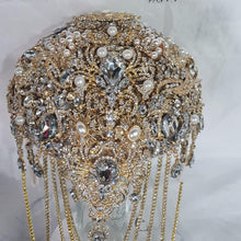 Load image into Gallery viewer, Gold Brooch bouquet, Jewel crystal wedding bouquet. Crystal Bridal Brooch Bouquet, cascade Jewel bouquet by Crystal wedding uk