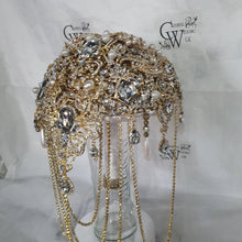 Load image into Gallery viewer, Gold Brooch bouquet, Jewel crystal wedding bouquet. Crystal Bridal Brooch Bouquet, cascade Jewel bouquet by Crystal wedding uk