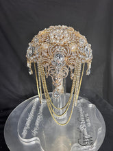 Load image into Gallery viewer, Gold Brooch bouquet, Jewel crystal wedding bouquet. Crystal Bridal Brooch Bouquet, cascade Jewel bouquet by Crystal wedding uk