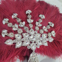 Load image into Gallery viewer, Burgundy wine feather fan bouquet, Great Gatsby wedding style 1920's - any colour as custom made by Crystal wedding uk