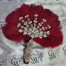 Load image into Gallery viewer, Burgundy wine feather fan bouquet, Great Gatsby wedding style 1920's - any colour as custom made by Crystal wedding uk