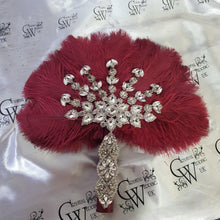 Load image into Gallery viewer, Burgundy wine feather fan bouquet, Great Gatsby wedding style 1920's - any colour as custom made by Crystal wedding uk