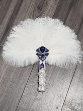Load image into Gallery viewer, Feather Fan bouquet, custom brooch bridal fan. Great Gatsby wedding style 1920's by Crystal wedding uk