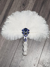 Load image into Gallery viewer, Feather Fan bouquet, custom brooch bridal fan. Great Gatsby wedding style 1920's by Crystal wedding uk