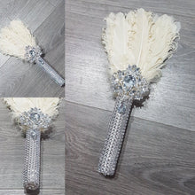 Load image into Gallery viewer, Bridesmaid Feather Fan bouquet, flower girl wand, Great Gatsby 1920's wedding - ANY COLOUR by Crystal wedding uk