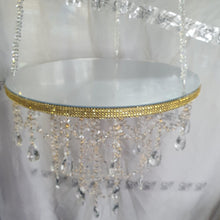 Load image into Gallery viewer, Luxury cake swing,Suspended FAUX CRYSTAL chandelier cake platform, mirror top +remote controlled LED by Crystal wedding uk