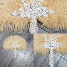 Load image into Gallery viewer, Feather wedding Fan gold Ostrich feather Gatsby fan 1920's bouquet by Crystal wedding uk